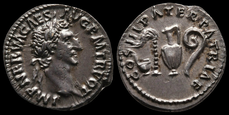 NERVA. AR DENARIUS, ROME.
97 AD. 
Obv: IMP NERVA CAES AVG P M TR POT II, laure...