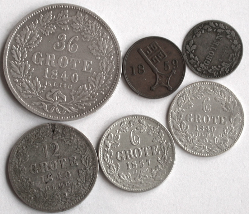 Bremen, Stadt. 
LOT: Kleinmünzen des 19. Jh. vom Schwaren bis 36 Grote. 7 Stück...