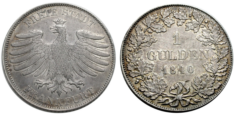 Frankfurt, Freie Stadt. 
Gulden 1840. Gekrönter Adler. Rv. Wert und Jahr im Eic...