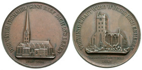 Hamburg, Stadt. 
Bronzemedaille 1842 (von Wilkens, Bremen) auf den Brand der Petrikirche. Ansicht des Kirchengebäudes vor dem Brand. Rv. Ansicht der ...