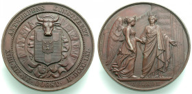 Belgien/-Antwerpen, Stadt. 
Bronzemedaille 1861 (von Leopold Wiener) zum Kunstfest in Antwerpen. Eine geflügelte Personifizierung der Kunst, die Pale...