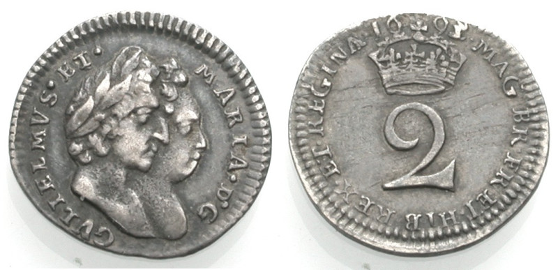 Grossbritannien. 
WILLIAM AND MARY, 1688-1694. 2 Pence 1693, im Stempel geänder...