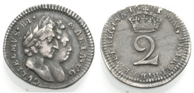 Grossbritannien. 
WILLIAM AND MARY, 1688-1694. 2 Pence 1693, im Stempel geändert aus 1692. Die Büsten des Königspaares n. r. Rv. Gekrönte Wertzahl 2....