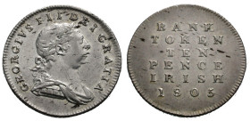Grossbritannien-Irland. 
GEORGE III, 1760-1820. Bank Token zu 10 Pence Irish 1805. Belorbeerte Büste r. Rv. Wert und Jahr. 23 mm; 4,09 g. S.&nbsp;661...