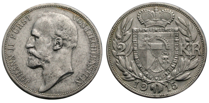 Liechtenstein. 
JOHANN II., 1858-1929. 2 Kronen 1915. Kopf l. Rv. Gekröntes Wap...