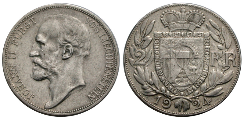 Liechtenstein. 
JOHANN II., 1858-1929. 2 Franken 1924. Kopf l. Rv. Gekröntes Wa...