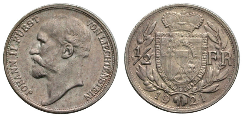 Liechtenstein. 
JOHANN II., 1858-1929. 1/2 Franken 1924. Kopf l. Rv. Gekröntes ...