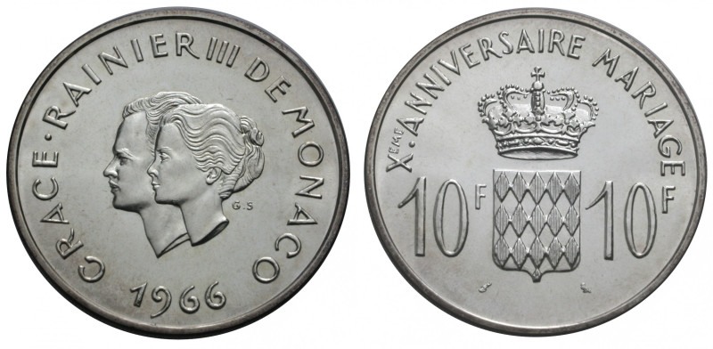 Monaco. 
RAINIER III, seit 1949. 10 Francs 1966 auf den 10. Jahrestag der Hochz...