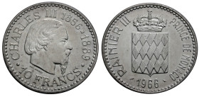 Monaco. 
RAINIER III, seit 1949. 10 Francs 1966 auf das 100jährige Bestehen von Monte Carlo. Kopf Charles' III. r. Rv. Gekröntes Wappen. 37 mm; 25,0 ...