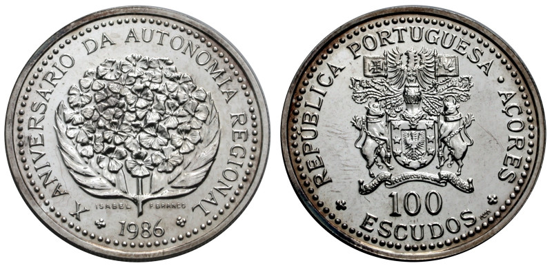Portugal, Azoren. 
100 Escudos 1986 Hydrangea. Rv. Wappen. 16,57 g. KM#&nbsp;45...