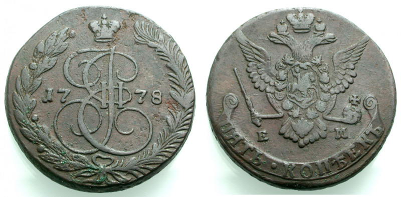 Russland. 
KATHARINA II., 1762-1796. 5 Kopeken 1778 Cu, Ekaterinburg. Gekröntes...