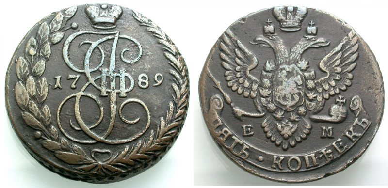 Russland. 
KATHARINA II., 1762-1796. 5 Kopeken 1789 Cu, Ekaterinburg. Gekröntes...