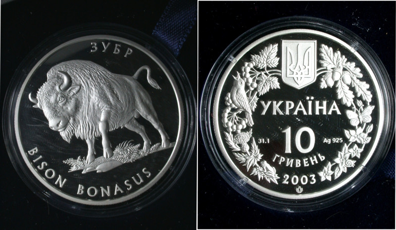 Ukraine. 
REPUBLIK seit 1991. 10 Hrywnja 2003. Flora und Fauna: Bison. 1 Unze S...