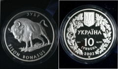 Ukraine. 
REPUBLIK seit 1991. 10 Hrywnja 2003. Flora und Fauna: Bison. 1 Unze Silber. 38,6 mm; 31,1 g. KM&nbsp;198. Im Etui, mit Zertifikat.. 

Pro...