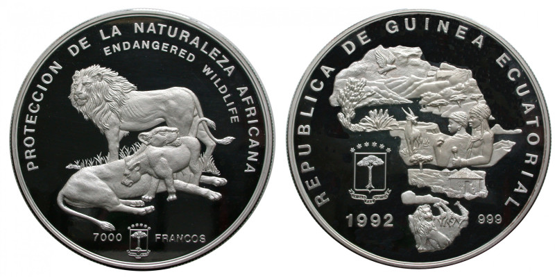 Äquatorial-Guinea.
Republik.
7000 Francos 1992. Endangered Wildlife. Lions. 75...