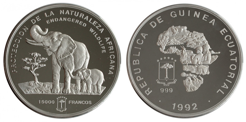 Äquatorial-Guinea.
Republik.
15000 Francos 1992. Endangered Wildlife. Elephant...