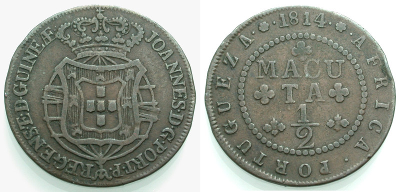 Angola. 
JOAO als Prinzregent, 1799-1816. 1/2 Macuta 1814, Cu. Wappenschild vor...