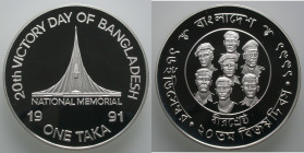 Bangladesh. 
PEOPLE'S REPUBLIC 1971. One Taka 1991 20th Victory Day of Bangladesh. National Memorial. Rv. Portraits. 31,48 g. KM&nbsp;#&nbsp;17. 38,0...