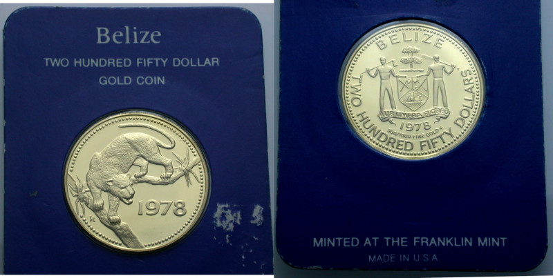 Belize. 
250 Dollar 1978. Wappen. Rv. Jaguar. Gold 900/1000. 26 mm; 8,81 g. KM&...