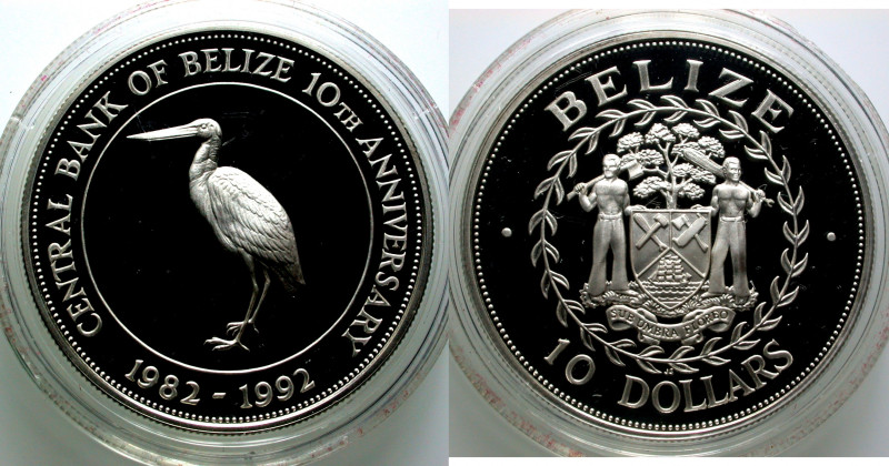 Belize. 
10 Dollar 1992 Central Bank of Belize 10th Anniversary. Jabiru stork. ...