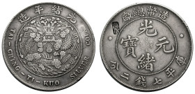 China. 
Reichsmünzen. 
KUANG HSU, 1875-1908. Dollar (1908), Tientsin. Drache. Rv. Schrift. Kann&nbsp;216, KM&nbsp;14. Rectangular counterstamp.. 
...