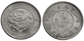 China. 
Yunnan. 
KUANG HSU 1875-1908. 50 Cents o. J., (restruck 1949). Large circle around center circle of rosettes. Two rings beneath pearl. 33 mm...