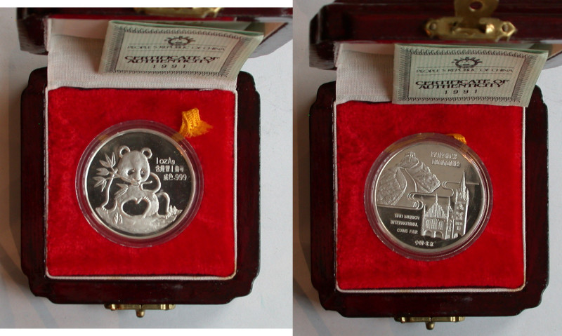 China.
Volksrepublik.
Panda 1 ounce 1991 Munich International Coin Show. The G...