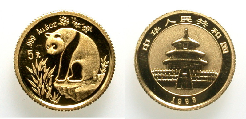 China. 
Volksrepublik. 
Panda 5 Yuan 1993. 1/20 ounce fine gold. KM&nbsp;473. ...