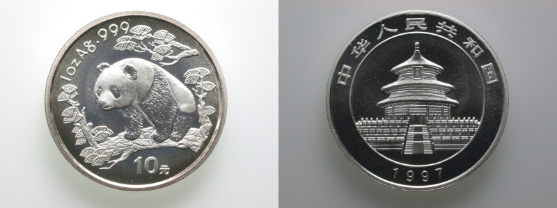 China. 
Volksrepublik. 
Panda 10 Yuan = 1 ounce 1997. KM&nbsp;986. Large date....