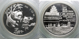 China. 
Volksrepublik. 
Panda 1 ounce 1997 Munich International Coin Show. The Temple of Heaven and Munich town view. . 

Proof