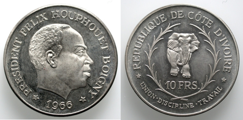 Elfenbeinküste. 
Republik 1960. AR 10 Francs 1966 Kopf des President Felix Houp...