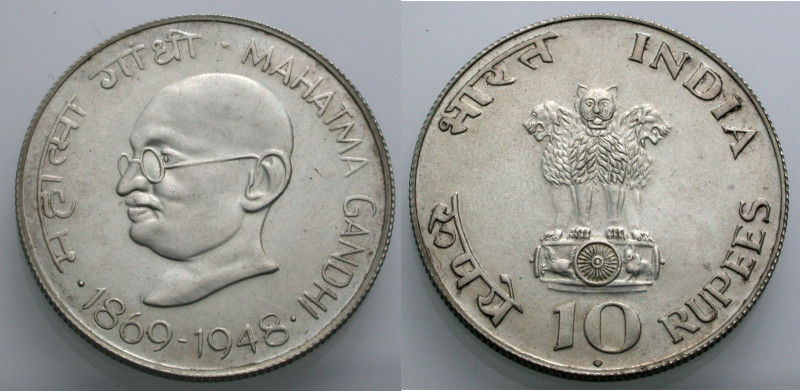 Indien. 
REPUBLIK. 
10 Rupien 1970 MAHATMA GANDHI 1869-1948. Büste n.l. Rv. Lö...