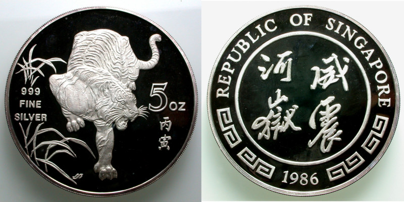 Singapur. 
Republik. 
5 ounces fine silver 1986, Singapore Mint. Tiger. 65 mm;...