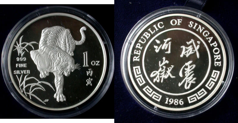 Singapur. 
Republik. 
1 ounce fine silver 1986, Singapore Mint. Tiger. 39 mm; ...