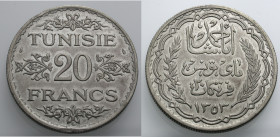 Tunesien. 
UNTER FRANZÖSISCHER REGIERUNG 1881-1956. 20 Francs 1303 H. / 1934 A.D. Im Namen des Ahmad Pasha Bey. Legende auf Französisch. Rv. Legende ...