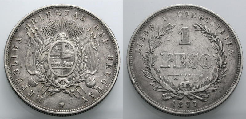 Uruguay. 
Republik seit 1830. Peso 1877 A, Paris. Wappen. Rv. Wert. 37 mm; 24,9...