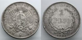 Uruguay. 
Republik seit 1830. Peso 1877 A, Paris. Wappen. Rv. Wert. 37 mm; 24,9 g. KM&nbsp;17. Kleiner Randfehler.. 

Sehr schön