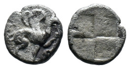 (Silver, 1.23g 12mm)Greek
Ionia, Teos AR Obol.Ionia, Teos AR Obol. Circa 500-460 BC. Griffin seated right / Quadripartite incuse square.