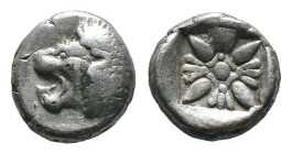 (Silver, 0.87g 8mm)Miletos, Ionia. AR Obol c. 525-475 BC.
Forepart of lion left.