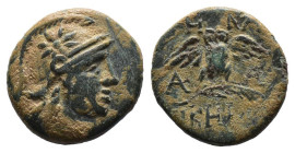 (Bronze, 3.07g 15mm)MYSIA
Pergamon
(D) Bronze ca. 150-50 v.Chr. Av.: Kopf der Athena mit attischem Helm n.r., auf dem Helmkessel Stern. Rv.: A - AP (i...