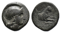 (Bronze, 2.27g 14mm)Mysia. Iolla 400-300 BC.
Helmeted and laureate head of Athena right / [IOΛΛ]EΩN, forepart of Pegasos right.