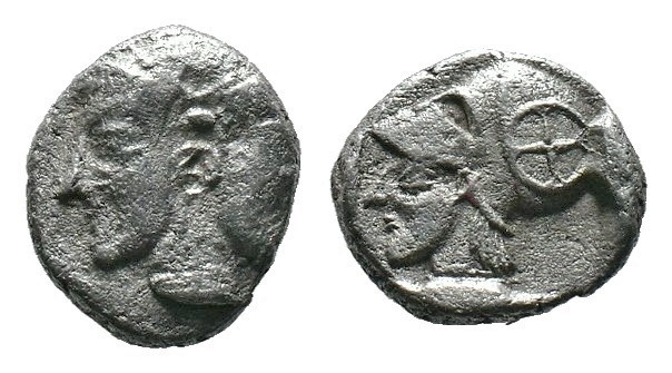 (Silver, 0.79g 8mm)Mysia. Lampsakos circa 500-450 BC. Obol . Female janiform hea...
