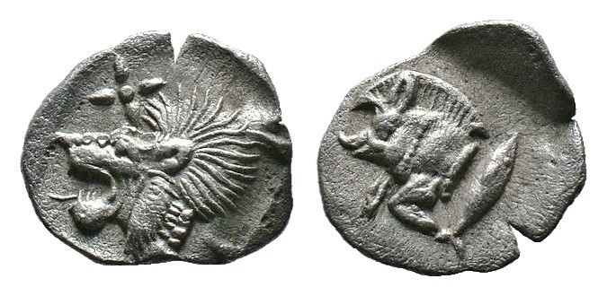 (Silver, 0.36g 10mm)Mysia, Kyzikos AR Hemiobol. Circa 450-400 BC.
Forepart of bo...