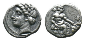 (Silver, 0.68g 10mm)CILICIA, Uncertain. 4th Century BC. Obol. Laureate head of Apollo to left. Rev. Baaltars seated to right, holding corn-ear and gra...