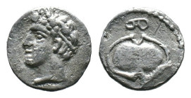 (Silver, 0.56g 10mm)Cilicia, Tarsos. Balakros (Satrap of Cilicia, 333-323 BC). AR Obol . Helmeted head of Athena r. R/ Shield; B to l.
