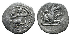 (Silver, 0.83g 13mm)Lykaonia, Laranda. Ca. 324-323 B.C. AR obol . Baaltars seated left, holding grain ear, bunch of grapes, and scepter / Forepart of ...