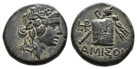 (Bronze, 8.10g 21mm)Pontos, Amisos.Time of Mithradates VI Eupator circa 120-63 BC, AE
Head of Dionysos right, wearing ivy wreath
Rev: AMIΣOV - thyrs...