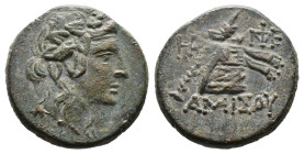 (Bronze, 8.31g 22m)Pontos, Amisos.Time of Mithradates VI Eupator circa 120-63 BC, AE
Head of Dionysos right, wearing ivy wreath
Rev: AMIΣOV - thyrso...