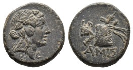 (Bronze, 8.00g 21mm)Pontos, Amisos.Time of Mithradates VI Eupator circa 120-63 BC, AE
Head of Dionysos right, wearing ivy wreath
Rev: AMIΣOV - thyrs...