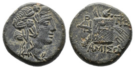 (Bronze, 8.57g 18mm)Pontos, Amisos.Time of Mithradates VI Eupator circa 120-63 BC, AE
Head of Dionysos right, wearing ivy wreath
Rev: AMIΣOV - thyrs...